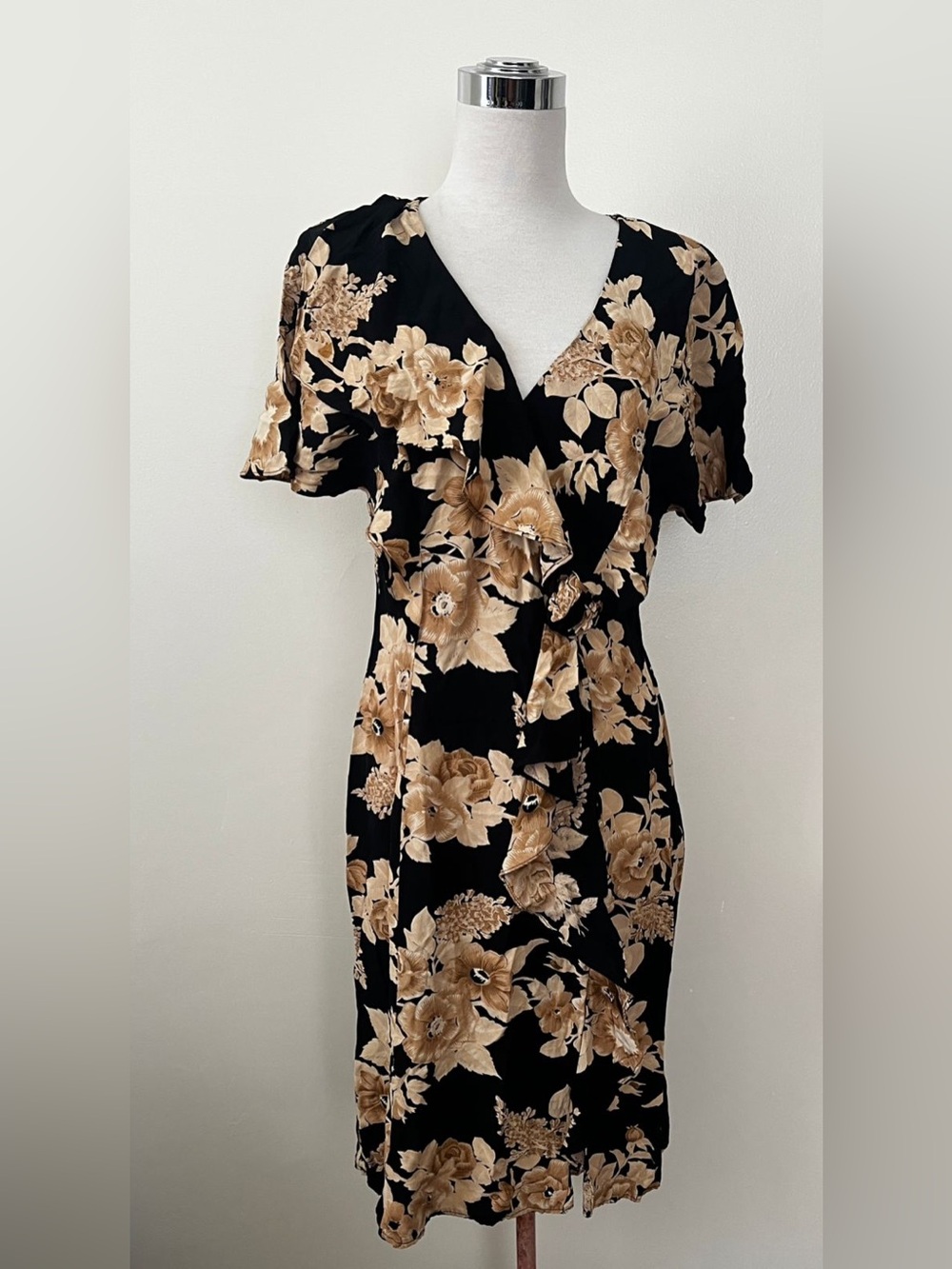 Cache Black Midi Wrap Dress with Beige Floral Print